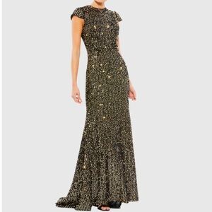 Mac Duggal Black Gold Embellished Sequined Cap Sleeve High Neck Gown - Reemoly